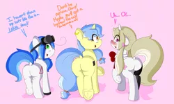 Size: 7500x4500 | Tagged: suggestive, artist:fullmetalpikmin, derpibooru import, oc, oc:cherry blossom, oc:mal, oc:viewing pleasure, unofficial characters only, earth pony, pony, unicorn, tumblr:ask viewing pleasure, absurd resolution, blushing, bow, congenital amputee, dock, ear piercing, earring, embarrassed, female, females only, frog (hoof), goggles, hair bow, jewelry, line-up, looking at you, looking back, looking back at you, mare, piercing, pink background, plot, plotline, prosthetic limb, prosthetics, raised hoof, raised tail, shy, simple background, tail, underhoof