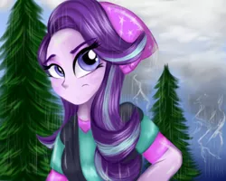 Size: 1024x819 | Tagged: safe, artist:lcpegasister75, derpibooru import, starlight glimmer, equestria girls, beanie, clothes, female, hat, rain, solo, tree