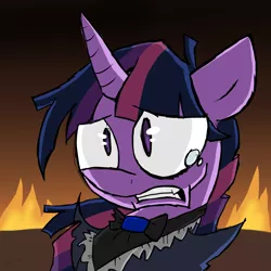 Size: 2000x2000 | Tagged: safe, artist:heedheed, derpibooru import, twilight sparkle, twilight sparkle (alicorn), alicorn, pony, the count of monte rainbow, clothes, crossover, crying, fire, hell to your doorstep, monsparkle, solo, the count of monte cristo