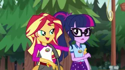 Size: 1280x720 | Tagged: safe, derpibooru import, screencap, sci-twi, sunset shimmer, twilight sparkle, equestria girls, legend of everfree, camp everfree outfits, clothes, duffle bag, glasses, shorts, tree