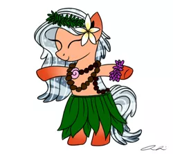 Size: 1024x909 | Tagged: safe, artist:iheartjapan789, derpibooru import, oc, oc:island tide, unofficial characters only, original species, pond pony, pony, bipedal, clothes, eyes closed, female, grass skirt, hula, leaf skirt, mare, simple background, skirt, solo, transparent background