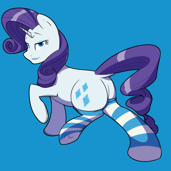 Size: 1500x1500 | Tagged: suggestive, artist:zeplich, banned from derpibooru, deleted from derpibooru, derpibooru import, rarity, pony, unicorn, clothes, eyeshadow, female, image, lidded eyes, lipstick, looking at you, looking back, looking back at you, makeup, plot, png, pose, simple background, socks, solo, solo female, striped socks