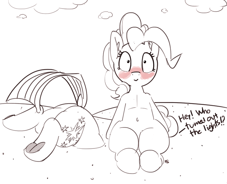 Size: 1280x1041 | Tagged: suggestive, artist:pabbley, derpibooru import, pinkie pie, twilight sparkle, earth pony, pony, unicorn, beach, belly button, blushing, buried, butt, dialogue, dock, female, hey! who turned out the lights?, implied anal, implied horn penetration, implied penetration, mare, partial color, plot, underhoof, unicorn twilight, wide eyes