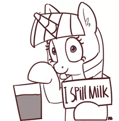 Size: 1280x1300 | Tagged: safe, artist:pabbley, derpibooru import, twilight sparkle, pony, unicorn, chocolate, chocolate milk, everything is ruined, exploitable meme, meme, milk, partial color, pony shaming, pure unfiltered evil, shaming, simple background, solo, spilled milk, this will end in spilled milk, this will end in tears, tongue out, white background