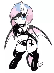 Size: 1280x1738 | Tagged: suggestive, artist:wickedsilly, derpibooru import, oc, unofficial characters only, bat pony, pony, adorasexy, belly button, bikini, bipedal, clothes, cute, cutiemarking, female, latex, looking at you, mare, multicolored hair, sexy, simple background, smiling, solo, solo female, swimsuit