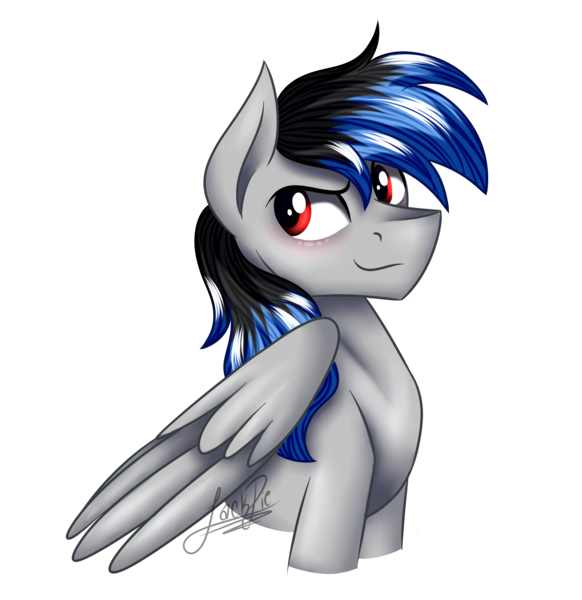 Size: 1600x1650 | Tagged: safe, artist:jack-pie, derpibooru import, oc, oc:black thunder, unofficial characters only, pegasus, pony, looking back, male, red eyes, signature, smiling, solo, stallion