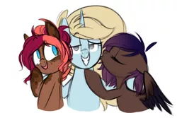 Size: 1024x684 | Tagged: safe, artist:kellythedrawinguni, derpibooru import, oc, oc:evening howler, oc:kelly, oc:ruef, unofficial characters only, earth pony, pegasus, pony, unicorn, colored sketch, female, kissing, mare