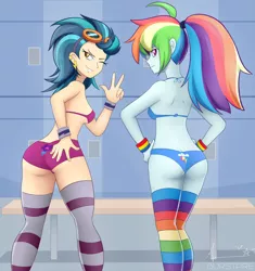 Size: 1000x1064 | Tagged: suggestive, artist:burstfire, artist:manic-the-lad, derpibooru import, indigo zap, rainbow dash, equestria girls, bench, bikini, breasts, clothes, collaboration, cutie mark underwear, ear piercing, female, females only, indiglute zap, locker room, looking at you, looking back, looking back at you, looking over shoulder, one eye closed, peace sign, piercing, rainbow socks, rainbutt dash, sexy, socks, striped socks, stupid sexy indigo zap, stupid sexy rainbow dash, swimsuit, thigh highs