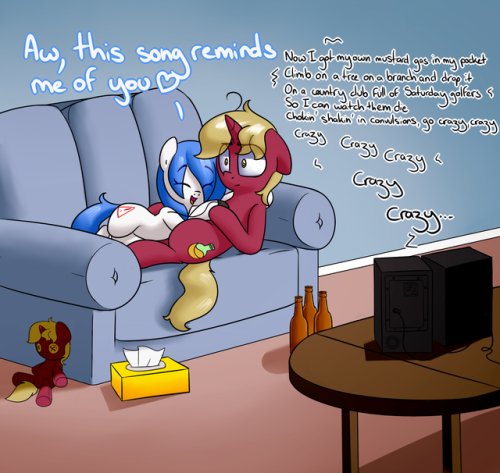 Size: 500x473 | Tagged: safe, artist:victoreach, derpibooru import, oc, oc:flask, oc:mal, unofficial characters only, couch, couple, dialogue, female, hug, male, straight