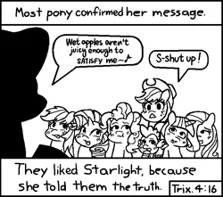 Size: 714x630 | Tagged: 4chan, applejack, artist:threetwotwo32232, blushing, chick tract, derpibooru import, dragon, edit, editor:dsp2003, female, fluttershy, glimmerjack, hair over one eye, innuendo, lesbian, mane eight, mane seven, mane six, meme, monochrome, most people rejected his message, oh you, pinkie pie, rainbow dash, rarity, shipping, spike, starlight glimmer, suggestive, twilight sparkle