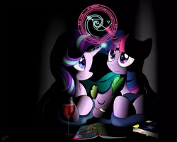 Size: 1307x1046 | Tagged: safe, artist:dsana, derpibooru import, spike, starlight glimmer, twilight sparkle, twilight sparkle (alicorn), alicorn, dragon, pony, unicorn, alcohol, baby, baby dragon, blanket, book, cute, dark, drink, fangs, female, glass, glimmerbetes, magazine, magic, magic circle, male, mama twilight, mare, mother and child, mother and son, prone, signature, sleeping, spell, spikabetes, spikelove, twiabetes, wine