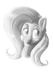 Size: 840x1200 | Tagged: artist:tentinythimbles, bust, derpibooru import, fluttershy, grayscale, looking away, looking up, monochrome, portrait, safe, simple background, smiling, solo, white background