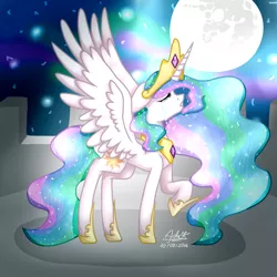 Size: 1024x1024 | Tagged: safe, artist:adakola, deleted from derpibooru, derpibooru import, princess celestia, alicorn, pony, crown, crying, female, jewelry, mare, moon, peytral, raised hoof, regalia, sad, spread wings, wings