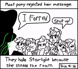 Size: 714x630 | Tagged: applejack, artist:threetwotwo32232, chick tract, derpibooru import, dragon, edit, exploitable, exploitable meme, fart, fart edit, fart joke, fluttershy, jack chick, mane six, meme, most people rejected his message, pinkie pie, rainbow dash, rarity, safe, spike, starlight glimmer, twilight sparkle