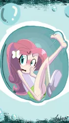 Size: 720x1280 | Tagged: suggestive, artist:leone di cielo, derpibooru import, fluttershy, equestria girls, blushing, bondage, breasts, bubble, bubble fetish, clothes, covering, damsel in distress, delicious flat chest, embarrassed, encasement, female, flattershy, in bubble, looking at you, open mouth, skirt, solo, solo female, tanktop, trapped, upskirt denied