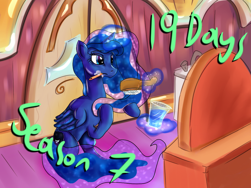 Size: 1024x768 | Tagged: safe, artist:katakiuchi4u, derpibooru import, part of a set, princess luna, pony, season 7, bipedal, brush, brushing, countdown to season 7, glass, magic, solo, telekinesis, toothbrush