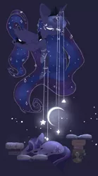 Size: 1000x1800 | Tagged: artist:rinioshi, book, dead source, derpibooru import, dream walker luna, eyes closed, moon, princess luna, prone, safe, sleeping, stars, twilight sparkle