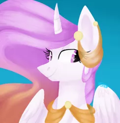 Size: 400x409 | Tagged: safe, artist:scoobert-doobert, derpibooru import, princess celestia, alicorn, pony, bust, pink-mane celestia, portrait, sharp horn, simple background, smiling, solo, spread wings, wings