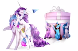 Size: 3980x2580 | Tagged: safe, artist:magicalbrownie, derpibooru import, oc, oc:amanda, oc:dess, oc:heart light, oc:magical brownie, unofficial characters only, earth pony, pegasus, pony, unicorn, female, hat, high res, mare, party hat, present