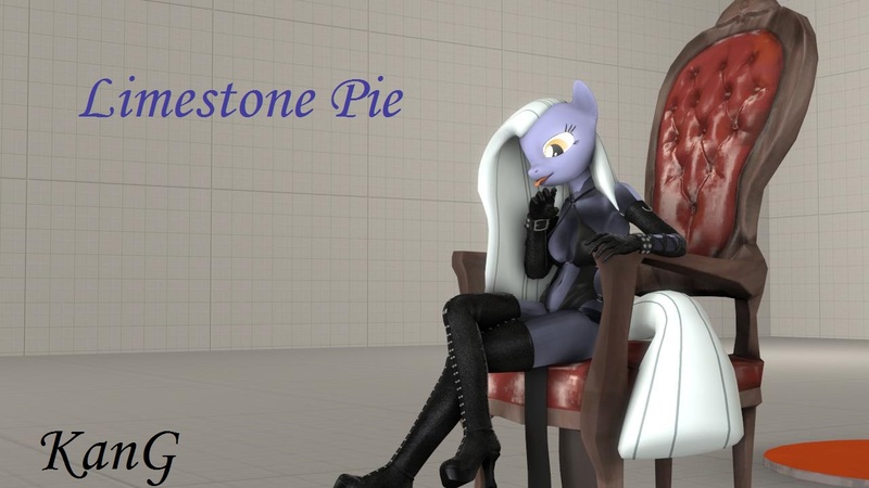 Size: 1280x720 | Tagged: suggestive, artist:kmg0047, derpibooru import, limestone pie, anthro, plantigrade anthro, 3d, boots, chair, clothes, female, gloves, leather, lingerie, long gloves, solo, solo female, thigh boots, tongue out