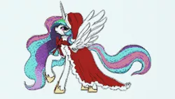 Size: 1920x1080 | Tagged: safe, artist:3luk, derpibooru import, princess celestia, alicorn, pony, bow, clothes, costume, hat, looking at you, pixel art, santa costume, santa hat, simple background, solo, spread wings, wings