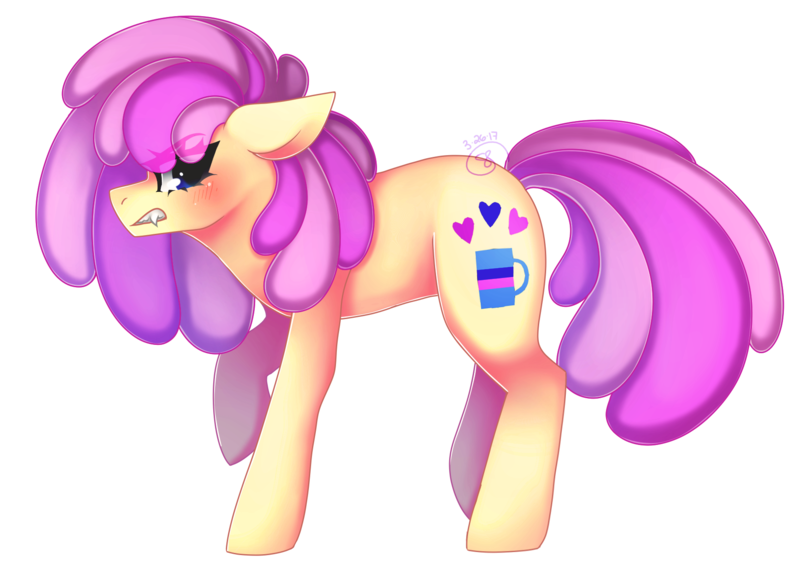 Size: 1831x1343 | Tagged: safe, artist:starshame, derpibooru import, oc, oc:vanilla swirl, unofficial characters only, earth pony, pony, angry, art trade, blushing, cute, cutie mark, eye clipping through hair, fangs, female, floppy ears, fluffy hair, gritted teeth, looking at you, missing accessory, outline, raised hoof, simple background, solo, teeth, transparent background