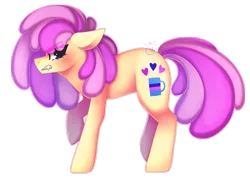 Size: 1831x1343 | Tagged: safe, artist:starshame, derpibooru import, oc, oc:vanilla swirl, unofficial characters only, earth pony, pony, angry, art trade, blushing, cute, cutie mark, eye clipping through hair, fangs, female, floppy ears, fluffy hair, gritted teeth, looking at you, missing accessory, outline, raised hoof, simple background, solo, teeth, transparent background