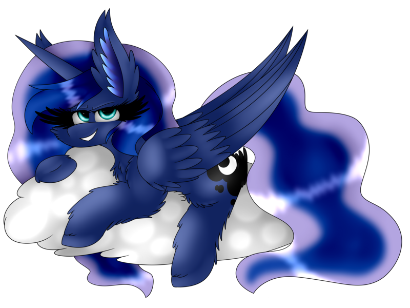 Size: 4000x3000 | Tagged: safe, artist:blackmoonpaints, artist:vanillaswirl6, derpibooru import, princess luna, alicorn, pony, bedroom eyes, big ears, cheek fluff, chest fluff, cloud, collaboration, cute, cutie mark, ear fluff, female, fluffy, lidded eyes, looking at you, lunabetes, lying, mare, missing accessory, on a cloud, prone, shiny, simple background, smiling, solo, teeth, transparent background, wing fluff