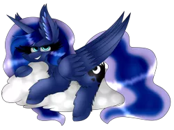 Size: 4000x3000 | Tagged: safe, artist:blackmoonpaints, artist:vanillaswirl6, derpibooru import, princess luna, alicorn, pony, bedroom eyes, big ears, cheek fluff, chest fluff, cloud, collaboration, cute, cutie mark, ear fluff, female, fluffy, lidded eyes, looking at you, lunabetes, lying, mare, missing accessory, on a cloud, prone, shiny, simple background, smiling, solo, teeth, transparent background, wing fluff