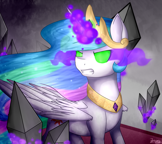 Size: 1024x910 | Tagged: safe, artist:jazzerix, derpibooru import, princess celestia, alicorn, pony, angry, crown, crystal, dark magic, darklestia, magic, necklace, possessed, possesstia, regalia, sombra eyes