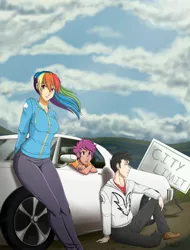 Size: 2449x3226 | Tagged: alternate hairstyle, artist:ninja-8004, car, clothes, cloud, commission, derpibooru import, hoodie, human, humanized, humanized oc, oc, pants, ponytail, rainbow dash, safe, scootaloo, windswept hair