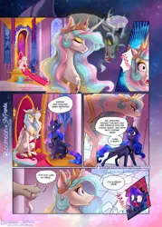 Size: 1200x1675 | Tagged: safe, artist:stepandy, derpibooru import, discord, princess celestia, princess luna, alicorn, pony, comic:mark of chaos, chibi, comic, crown, curved horn, dialogue, eyes closed, eyeshadow, facial hair, fangs, female, goatee, jewelry, makeup, mare, regalia, royal sisters, sitting, speech bubble, throne, unshorn fetlocks