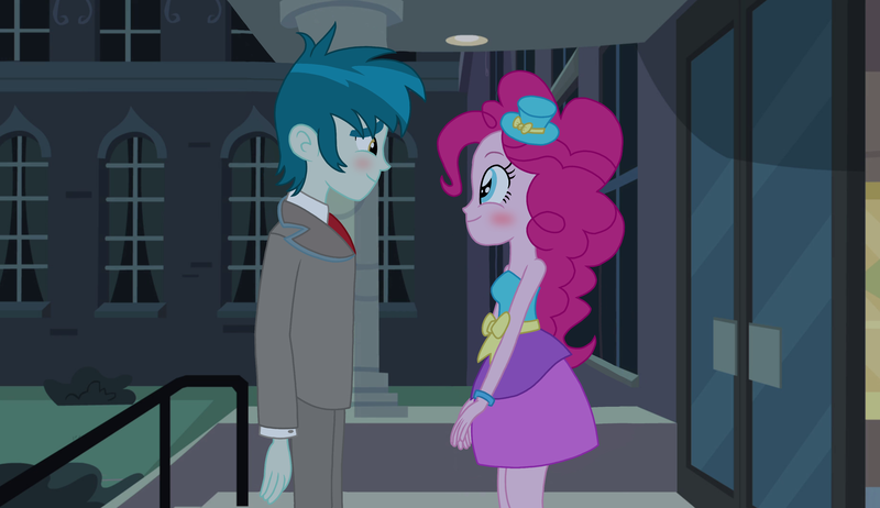 Size: 3386x1955 | Tagged: safe, artist:mlprocker123, derpibooru import, pinkie pie, thunderbass, equestria girls, blushing, canterlot high, clothes, cute, door, dress, fall formal outfits, female, hat, looking at each other, male, pinkiebass, shipping, smiling, standing, straight, suit
