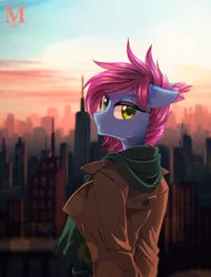 Size: 911x1200 | Tagged: safe, artist:margony, derpibooru import, oc, unofficial characters only, anthro, bat pony, anthro oc, city, clothes, coat, fangs, female, floppy ears, gift art, looking at you, looking back, mare, scarf, scenery, smiling, solo, sunset