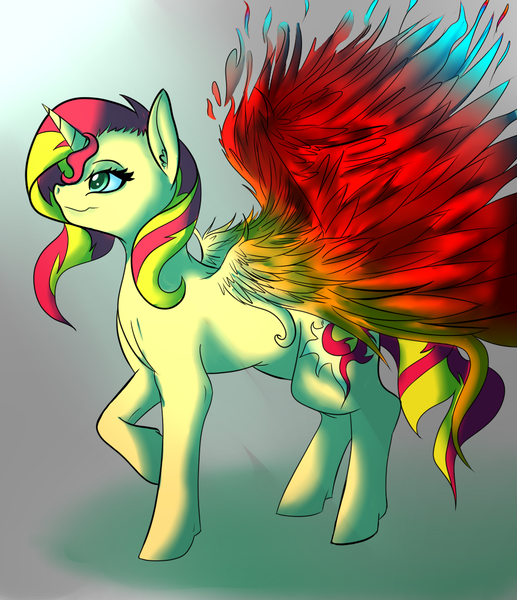 Size: 979x1136 | Tagged: safe, artist:absolutecactus, derpibooru import, sunset shimmer, alicorn, phoenix, pony, alicornified, fire, nextgen:entroverse, race swap, raised hoof, shimmercorn, solo, sunset phoenix