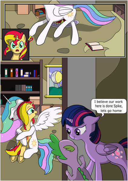 Size: 1488x2105 | Tagged: safe, artist:fimstargazer, derpibooru import, princess celestia, spike, sunset shimmer, twilight sparkle, twilight sparkle (alicorn), alicorn, dragon, pony, comic:memories, book, bookshelf, comic, forgiveness, happy, homesick shimmer, hug, momlestia, reconciliation, reunion, the prodigal sunset, underhoof