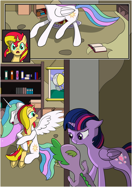 Size: 1488x2105 | Tagged: safe, artist:fimstargazer, derpibooru import, princess celestia, spike, sunset shimmer, twilight sparkle, twilight sparkle (alicorn), alicorn, dragon, hog, pony, comic:memories, book, bookshelf, comic, forgiveness, happy, homesick shimmer, hug, momlestia, reunion, the prodigal sunset, underhoof