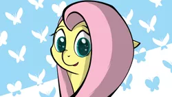 Size: 3840x2160 | Tagged: artist:cloudyskieswrites, bust, butterfly, derpibooru import, eye reflection, floppy ears, fluttershy, looking at you, open mouth, portrait, reflection, safe, smiling, solo