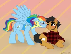 Size: 1200x900 | Tagged: alternate hairstyle, artist:serra-no, beard, blushing, clothes, derpibooru import, facial hair, female, flannel, kissing, male, quibbledash, quibble pants, rainbow dash, safe, shipping, story in the source, straight, uniform, wonderbolt trainee uniform