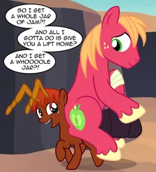 Size: 2140x2360 | Tagged: safe, artist:badumsquish, derpibooru import, big macintosh, oc, ant, ant pony, monster pony, original species, bandage, bribery, dialogue, duo, gap teeth, grin, happy, honeypot ants, injured, looking back, male, ponies riding ponies, riding, six legs, smiling