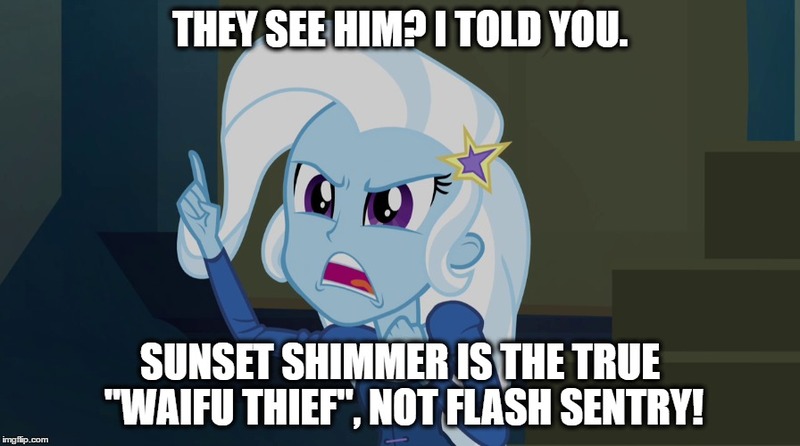 Size: 896x500 | Tagged: safe, derpibooru import, edit, edited screencap, screencap, trixie, equestria girls, rainbow rocks, exploitable meme, image macro, meme, trixie yells at everything, waifu thief