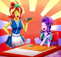 Size: 2096x1970 | Tagged: safe, artist:the-butch-x, derpibooru import, starlight glimmer, sunset shimmer, equestria girls, chopsticks, clothes, commission, counterparts, duo, eyes closed, food, happy, japan, mat, open mouth, sunburst background, sunset sushi, sushi, table, toy interpretation, twilight's counterparts