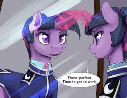 Size: 3300x2550 | Tagged: safe, artist:silfoe, derpibooru import, twilight sparkle, pony, unicorn, moonsetmlp, alternate universe, clothes, dialogue, epaulettes, female, glowing horn, mare, mirror, night maid twilight, reflection, solo, speech bubble, unicorn twilight, uniform