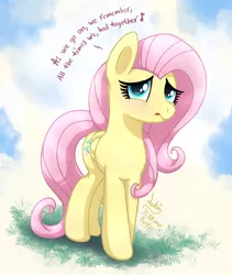 Size: 930x1100 | Tagged: safe, artist:joakaha, derpibooru import, fluttershy, pegasus, pony, cute, female, graduation, looking at you, mare, shyabetes, singing, solo, song reference, vitamin c