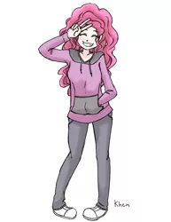 Size: 850x1100 | Tagged: artist:kprovido, clothes, converse, derpibooru import, eyes closed, grin, hoodie, human, humanized, pants, peace sign, pinkie pie, safe, shoes, simple background, smiling, sneakers, solo, sweater, white background