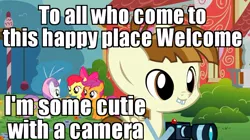 Size: 765x429 | Tagged: apple bloom, camera, cutie mark crusaders, derpibooru import, disneyland, edit, edited screencap, featherweight, image macro, meme, ponyville confidential, ponyville schoolhouse, safe, scootaloo, screencap, some jerk with a camera, sweetie belle, walt disney