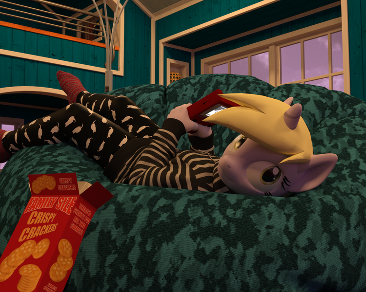 Size: 1875x1500 | Tagged: safe, artist:tahublade7, derpibooru import, dinky hooves, anthro, plantigrade anthro, unicorn, 3d, box, cereal, clothes, couch, crackers, daz studio, food, game boy, hoodie, leggings, pajamas, playing, socks, solo, striped socks, super mario bros., super mario land 2: the six golden coins