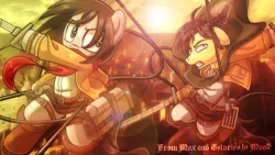 Size: 1920x1080 | Tagged: safe, artist:estories, derpibooru import, ponified, pony, attack on titan, clothes, female, levi ackerman, male, mare, mikasa ackerman, rope, stallion, sun, sword, weapon