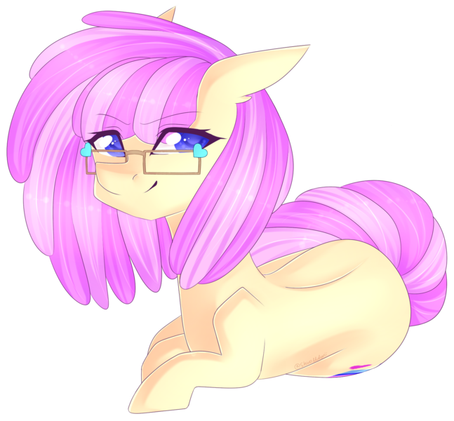 Size: 1569x1455 | Tagged: safe, artist:shiromidorii, derpibooru import, oc, oc:vanilla swirl, unofficial characters only, earth pony, pony, art trade, blue eyes, cute, cutie mark, female, fluffy hair, glasses, heart, looking at you, lying, mare, ocbetes, prone, side, simple background, smiling, solo, transparent background