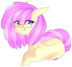 Size: 1569x1455 | Tagged: safe, artist:shiromidorii, derpibooru import, oc, oc:vanilla swirl, unofficial characters only, earth pony, pony, art trade, blue eyes, cute, cutie mark, female, fluffy hair, glasses, heart, looking at you, lying, mare, ocbetes, prone, side, simple background, smiling, solo, transparent background